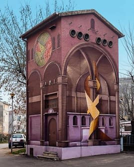 A Church interiors detailed mural graffiti, painted on all four sides of an electric cabin small building, gives the illusion of a realistic interiors accessible space, front lateral view. Artwork by Dado