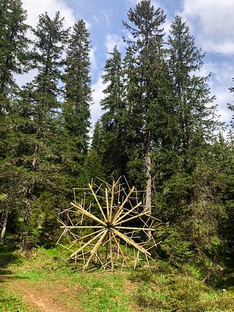 A big wood sculpture, seems to rolling out the forest, composed of clear wood sticks joined together to form a geometrical spherical structure resembling a dandelion. Artwork by Dado