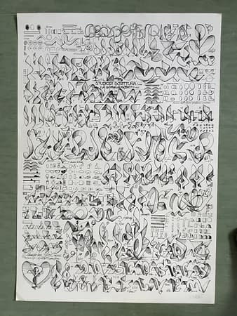Marker sketches on white paper illustrating graphic studies of forms evolution in the creation of graphic decorative elements used in graffiti artworks. Sketches by Dado Ferri