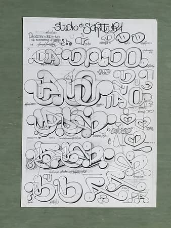 Marker sketches on white paper illustrating studies on various applications of graphic elements to cartoonish lettering drawings in a graffiti artwork. Sketches by Dado Ferri