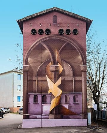 A Church interiors detailed mural graffiti, painted on all four sides of an electric cabin small building, gives the illusion of a realistic interiors accessible space, front view. Artwork by Dado