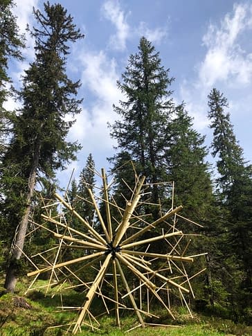 Close view of big wood sculpture, seems to rolling out the forest, composed of clear wood sticks joined together to form a geometrical spherical structure resembling a dandelion. Artwork by Dado