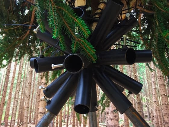 Short iron pipes are mounted together in a spherical structure to support fir bushes for a sculpture which aim resembling a giant dandelion. Artwork by Dado