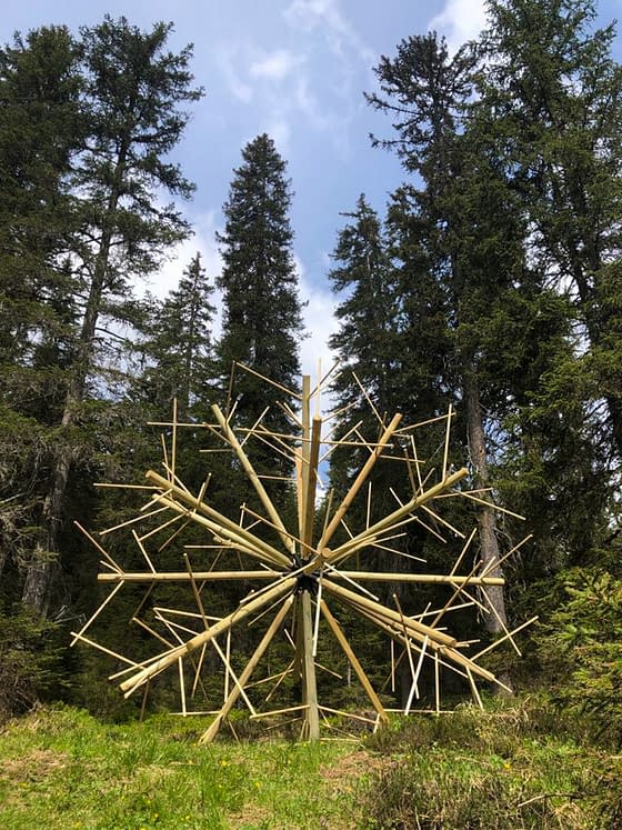 A big wood sculpture composed of clear wood sticks joined together to form a geometrical spherical structure resembling a dandelion, located in a grass field in the middle of a forest, . Artwork by Dado