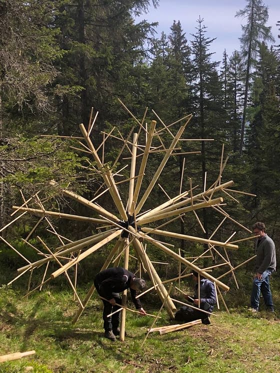Three persons are mounting wood sticks to form a big wood sculpture in a geometrical spherical structure resembling a dandelion, in a grass field with high trees in the background. Artwork by Dado