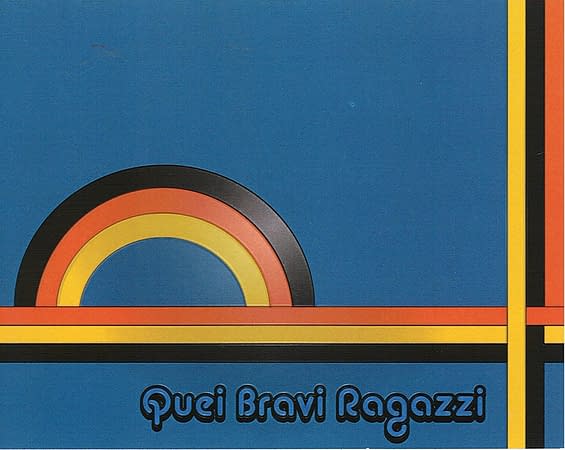 Advertising flyerof the Quei Bravi Ragazzi art exhibition whith a yellow, orange and black rainbow arc on petrol blue background color