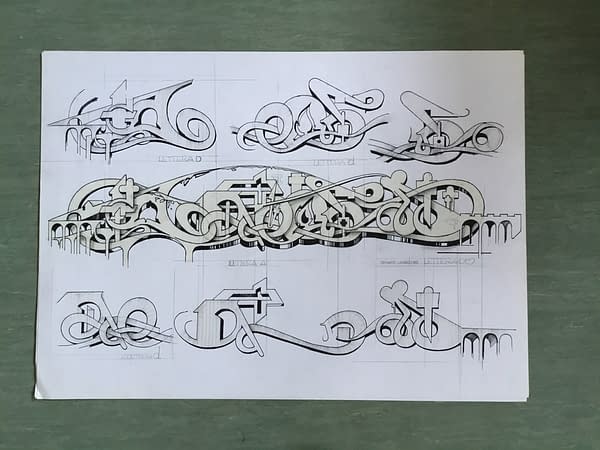 Marker sketches on white paper illustrating studies on the graphic elements composing lettering drawings in a graffiti artwork. Sketches by Dado Ferri