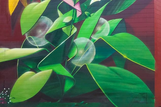 Detail of a big wall mural painting representing green leaves and spherical Dandelion seedheads . Artwork by Dado.
