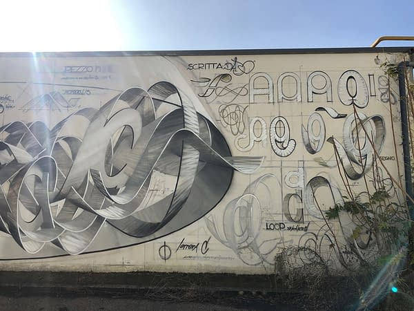 Anatomia 3, white and gray wildstyle and sketched letters right detail - writing aerosol art at Oz Bologna