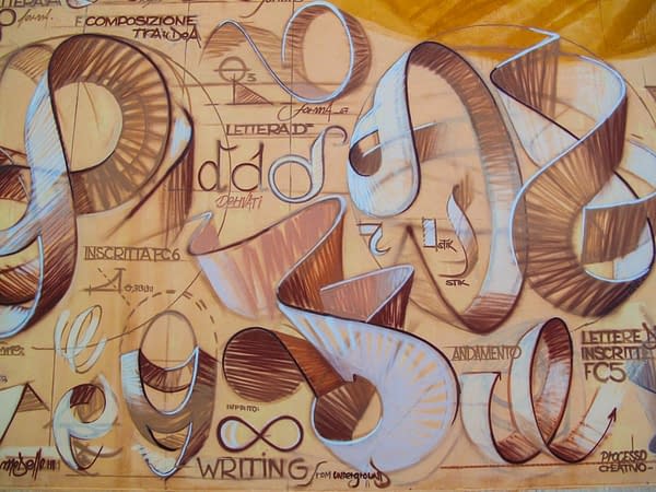 Detail of a mural painting depicting the graphic studies for the letters forming the tag Dado in a graffiti spherical wildstyle piece.