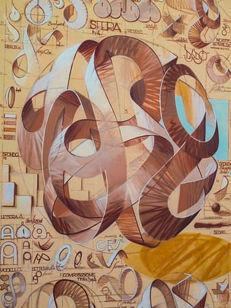 Main element of a mural painting depicting a spherical wildstyle graffiti forming the tag Dado with some graphic studies for the letters.