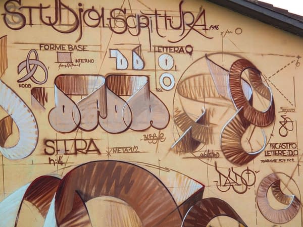 Details of a mural painting depicting the graphic studies for the letters forming the tag Dado in a graffiti spherical wildstyle piece.