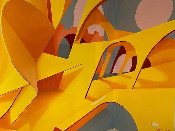 Detail of an interior wall decoration representing an abstraction of Bologna's arcs, Portici in yellow-orange tones. Artwork by Dado.