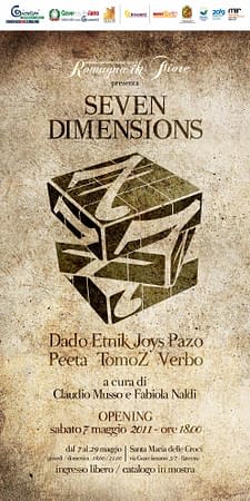 Flyer of the exhibition Seven Dimensions, depicting a Rubik Cube with the number 7 printed on all faces, in a monochrome sepia tone.