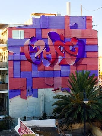 Mural painting on an high building face depicting floating bent ribbons creating two names altogether the tag Dado and the name Eva in a pale red and electric blue tones