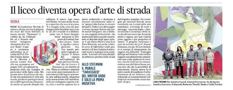 Newspaper article describes the event which included the mural painting of the main face of the Liceo Stefanini High School in remember of the Professor Piero Furlan
