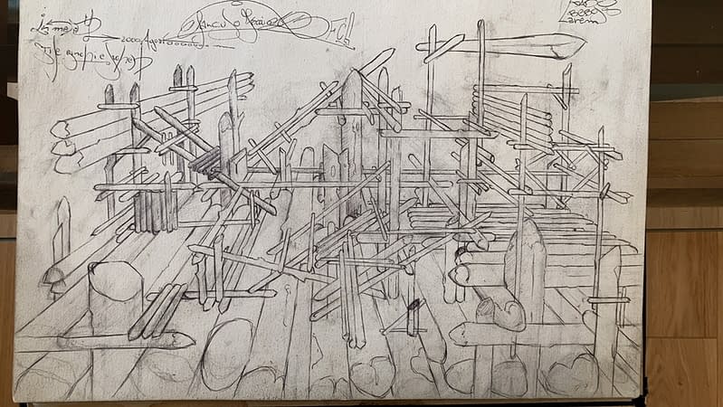 Black pen graffiti sketch on white paper depicting the tag Dado in an architectural style with letters built up by wooden sticks displayed in a perspective view as in a wooden building site
